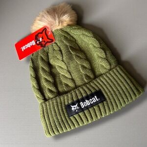 Bobcat Beanie Hat Olive Green Cable Knit Sherpa Lined Faux Fur Pom OSFM NEW